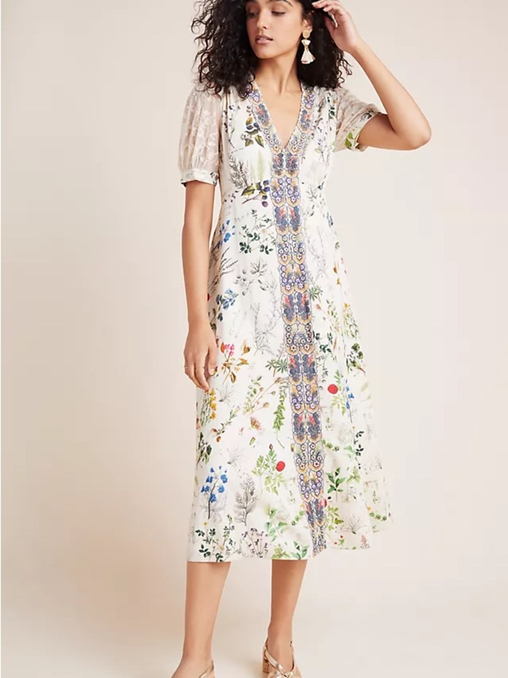 Anthropologie Floral V-Neck Midi Dress in Ivory with Multicolor Print